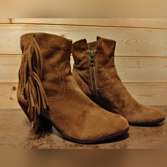 Sam Edelman Sz 10M Louie Cognac Suede Leather Fringe Bootie Brown Cowboy Heel - Picture 6 of 14